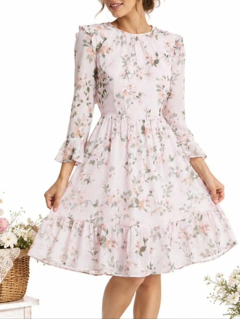 Calvin Klein Pink Floral Long Sleeve Ruffle Midi Dress